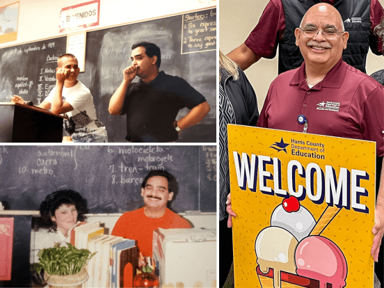  This is a collage of photos of HCDE Employee of the Month Gil Gaona