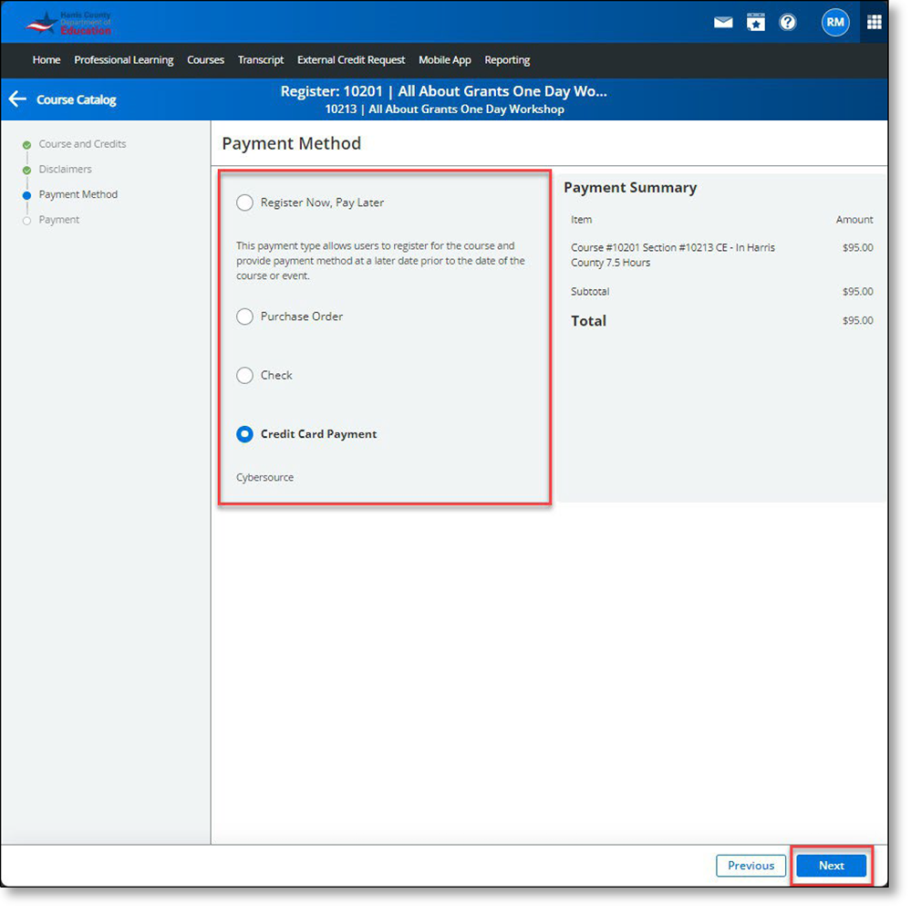 Screenshot showing payment options